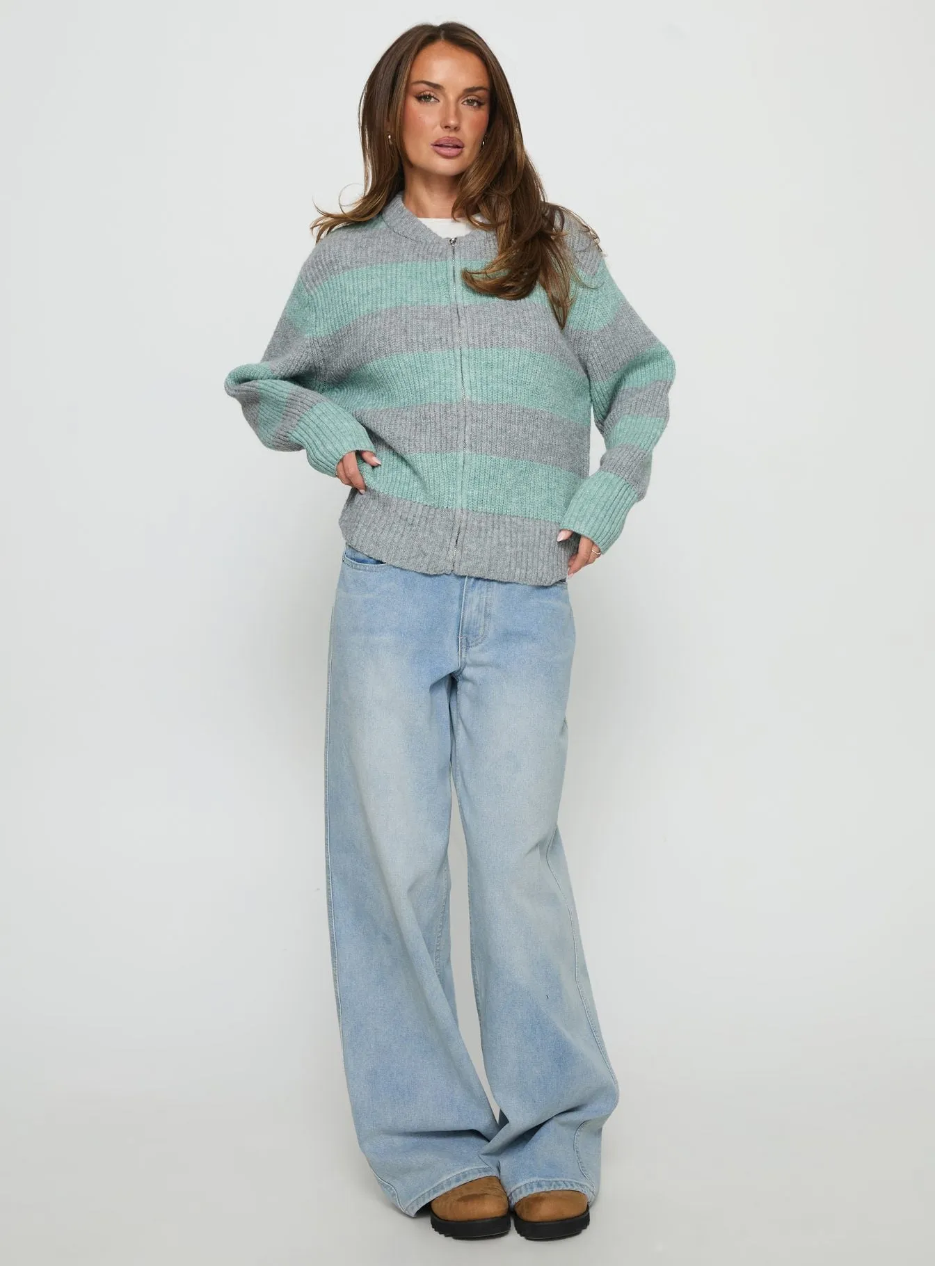 Queena Zip Through Knit Sweater Grey / Blue Stripe sold by Princess Polly product image thumbnail 3