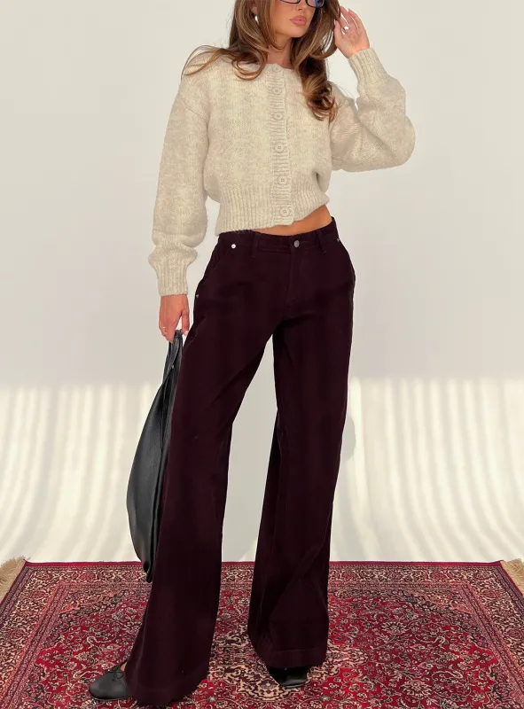 Jacynda Low Waist Wide Leg Corduroy Jeans Currant sold by Princess Polly