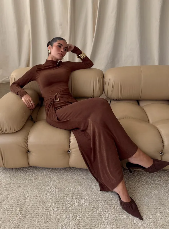 Yaqueline Long Sleeve Ruched Maxi Dress Chocolate sold by Princess Polly