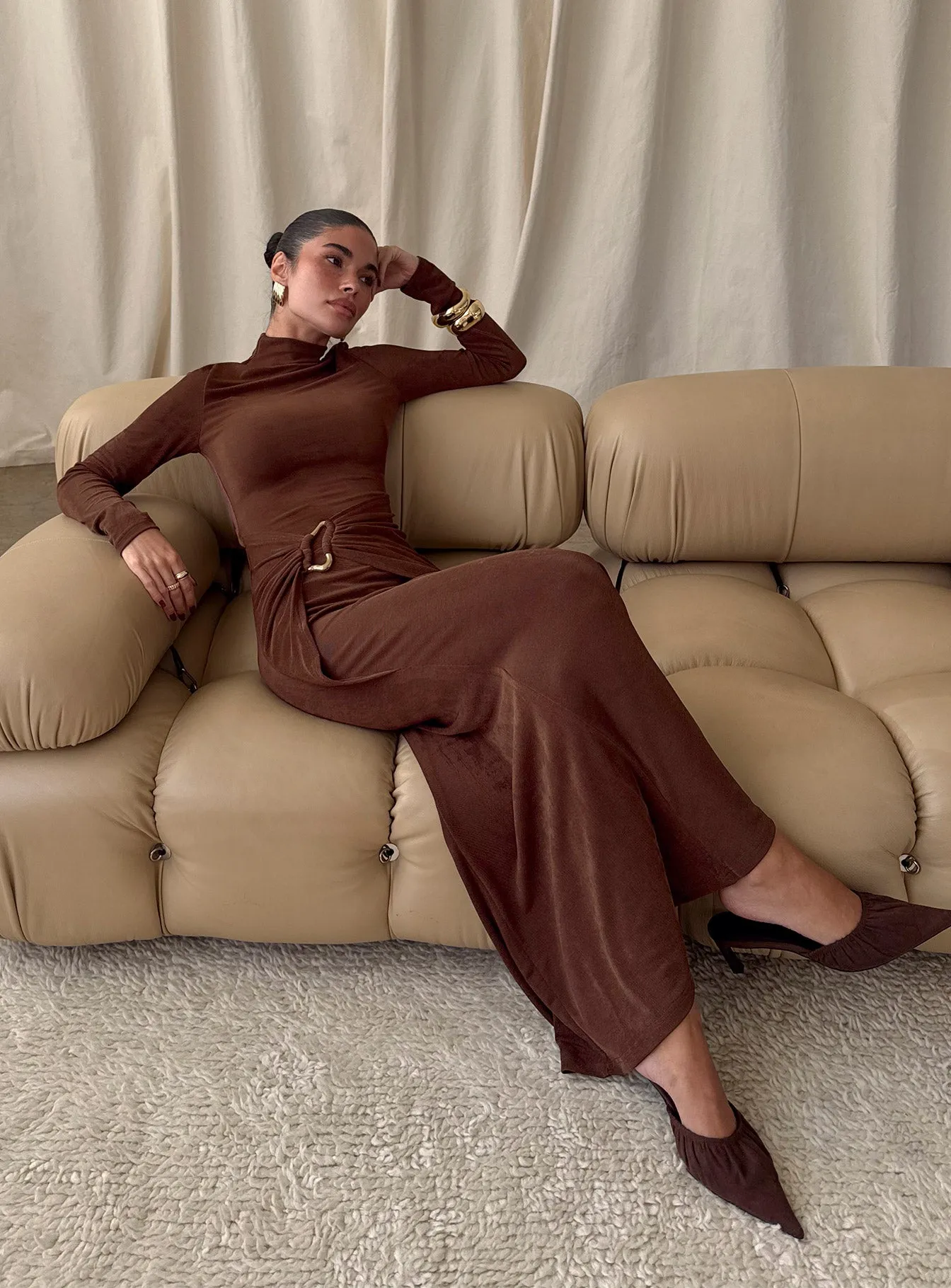 Yaqueline Long Sleeve Ruched Maxi Dress Chocolate sold by Princess Polly