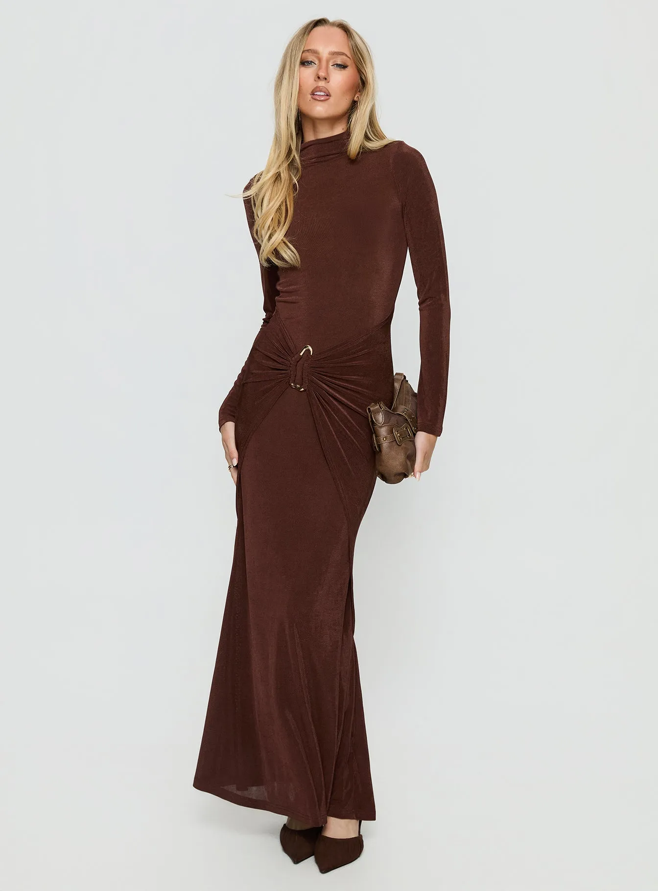 Yaqueline Long Sleeve Ruched Maxi Dress Chocolate sold by Princess Polly product image thumbnail 2
