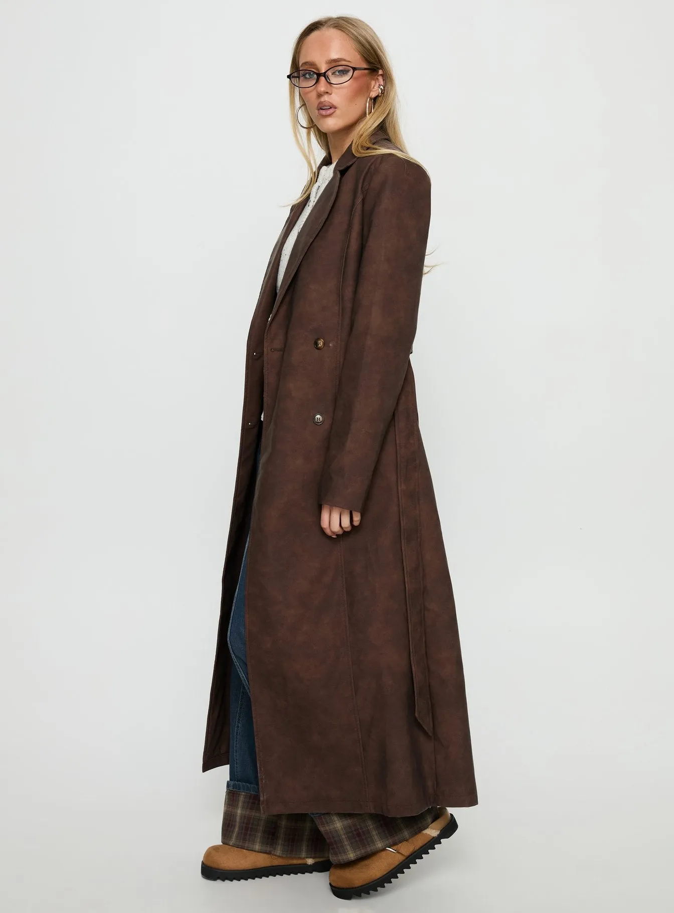 Salazar Longline Belted Trench Coat Chocolate Brown sold by Princess Polly product image thumbnail 4