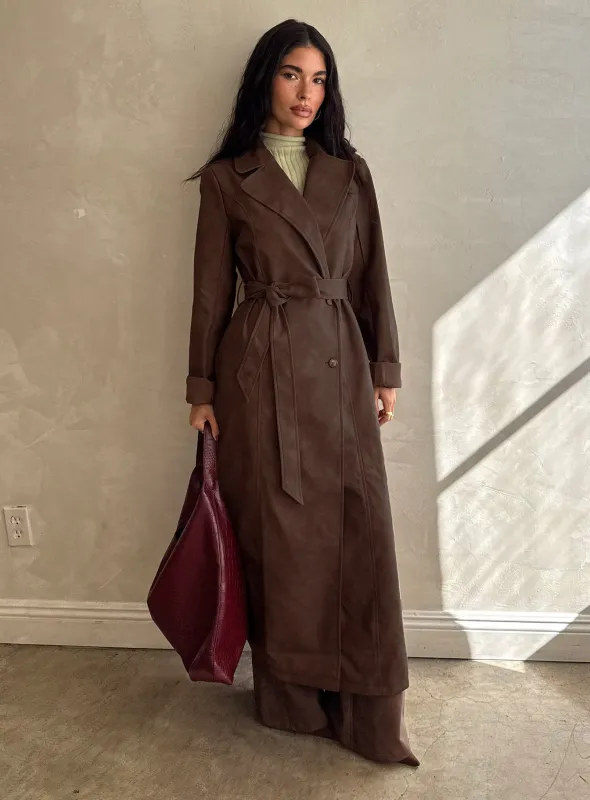 Salazar Longline Belted Trench Coat Chocolate Brown sold by Princess Polly