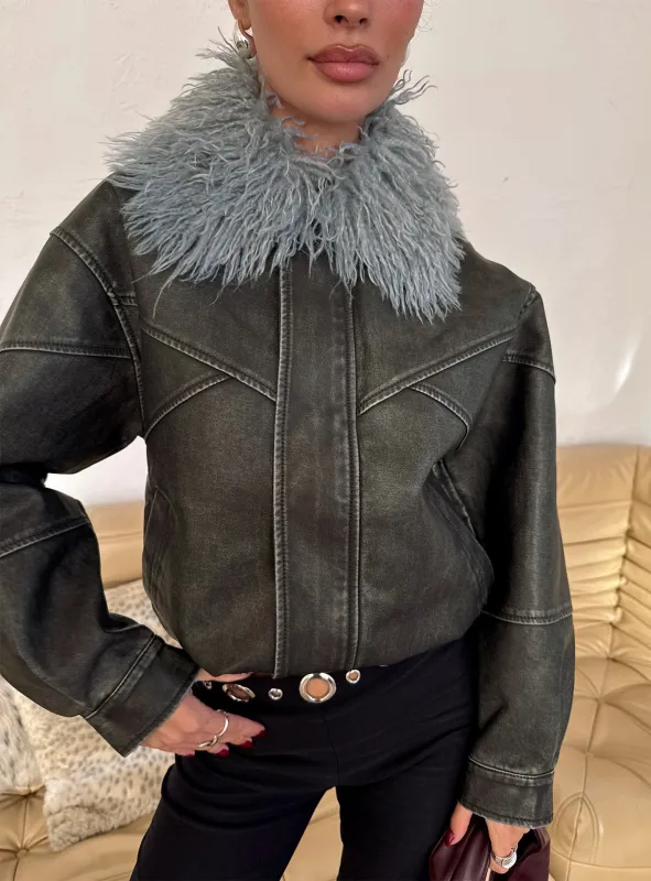 Brittanni Fluffy Collar Jacket Black / Blue sold by Princess Polly