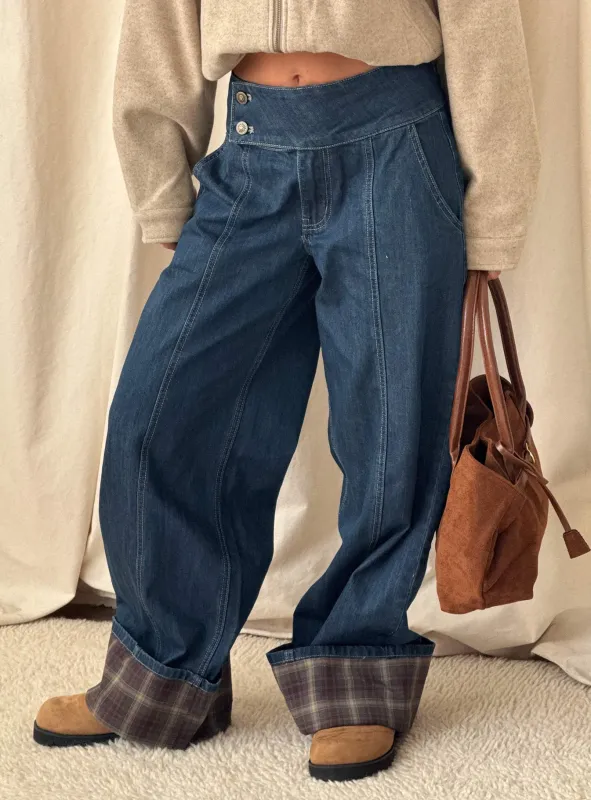 Nikoletta Foldover Jeans Dark Wash / Check sold by Princess Polly