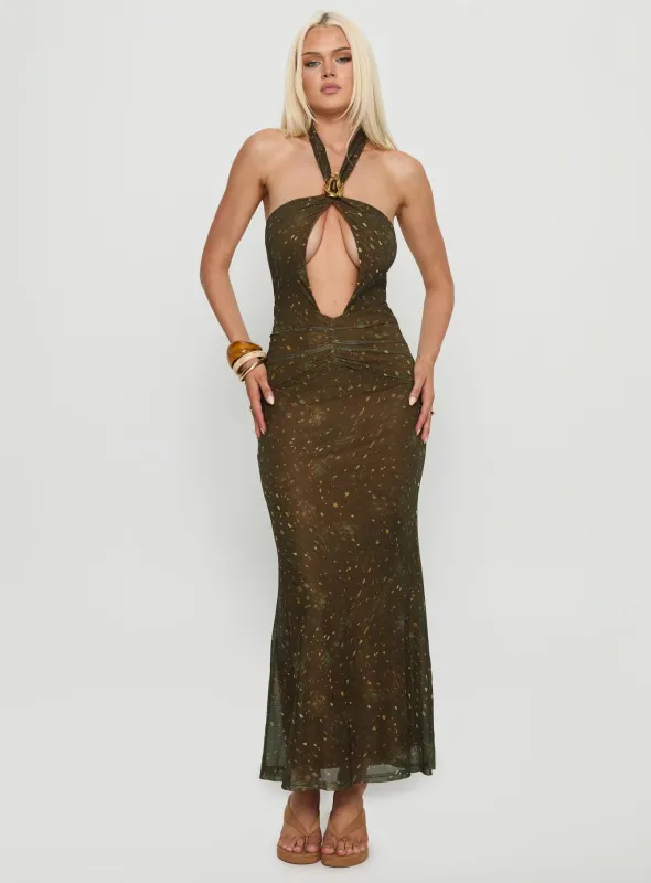 Carmelita Cut Out Halter Maxi Dress Brown sold by Princess Polly
