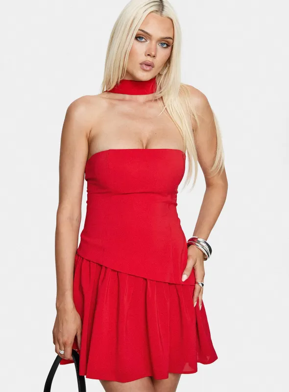 Odela Strapless Drop Waist Mini Dress Red sold by Princess Polly