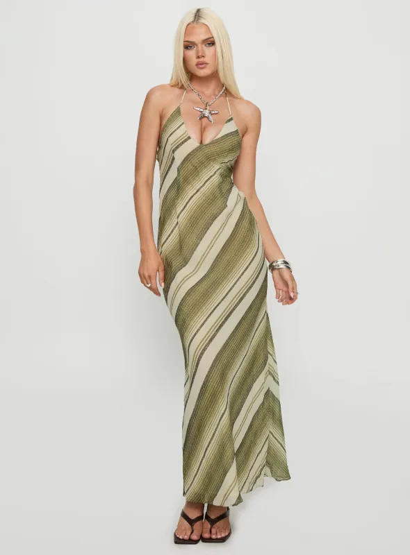 Esmira Halter Maxi Dress Green Stripe sold by Princess Polly