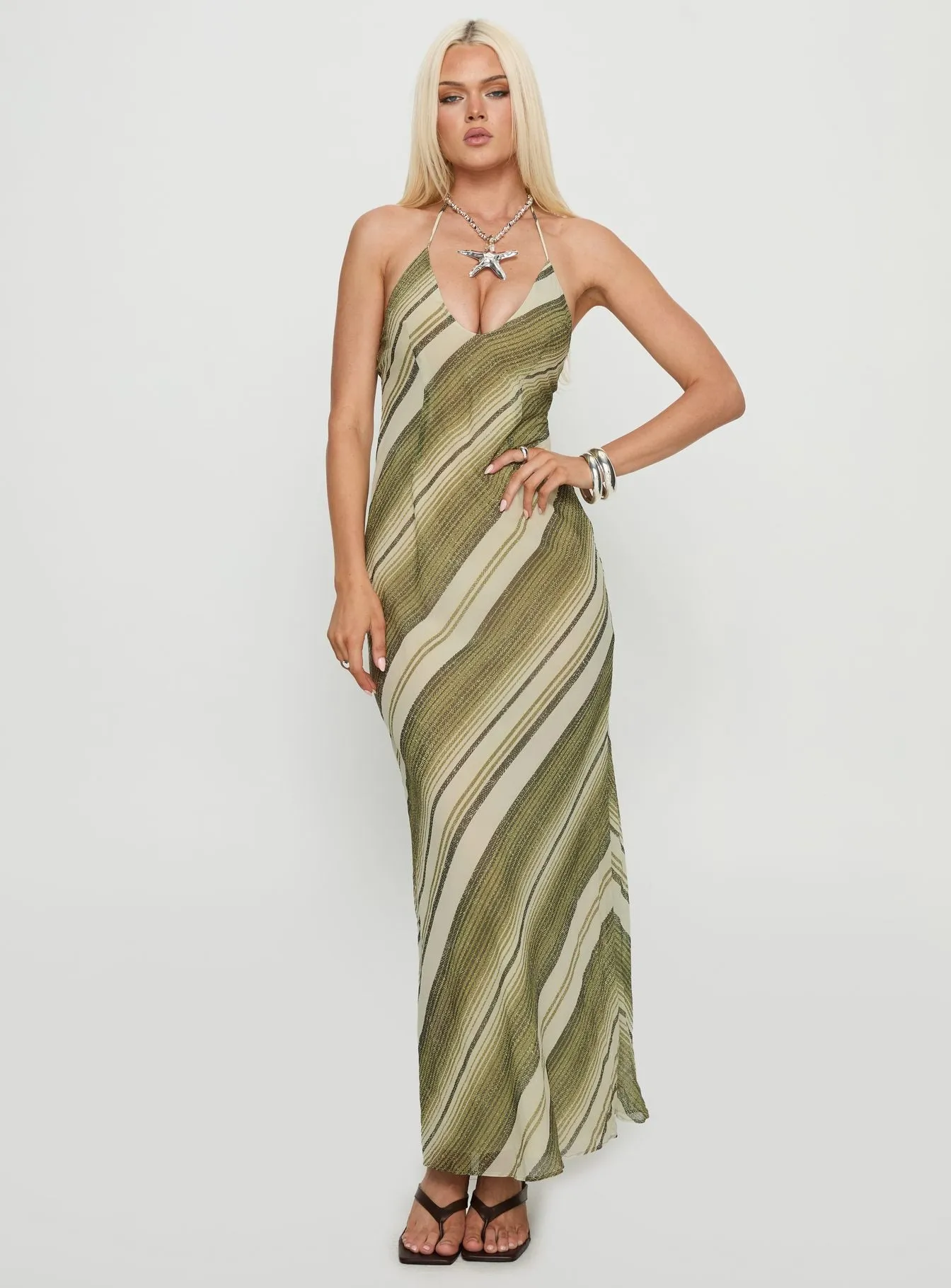 Esmira Halter Maxi Dress Green Stripe sold by Princess Polly product image thumbnail 2
