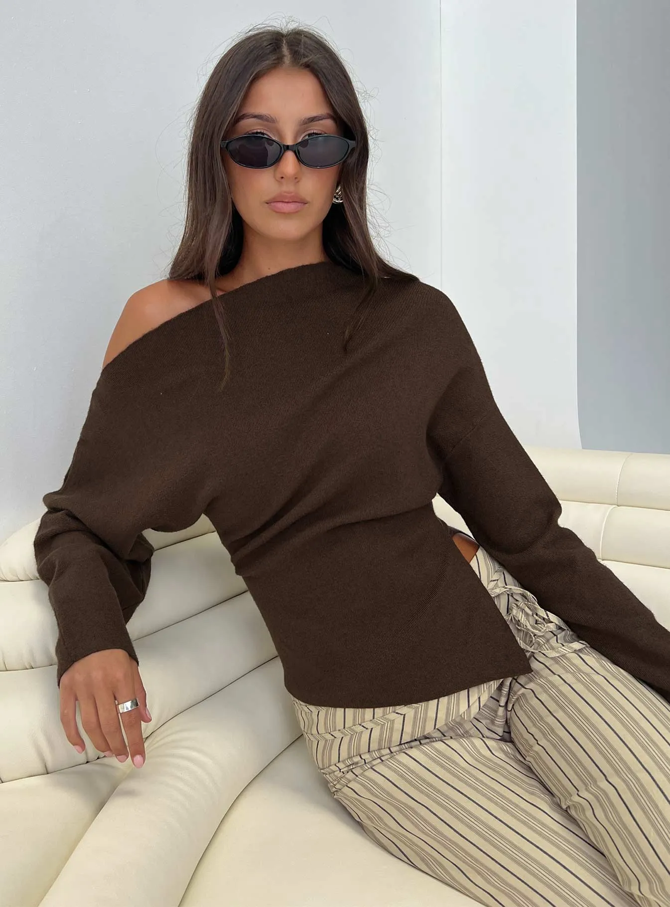 Kaelith Off Shoulder Knit Sweater Brown sold by Princess Polly