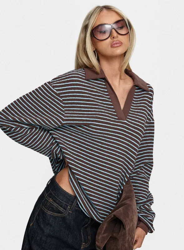 Rigbys Collared Jumper Brown / Blue Stripe sold by Princess Polly