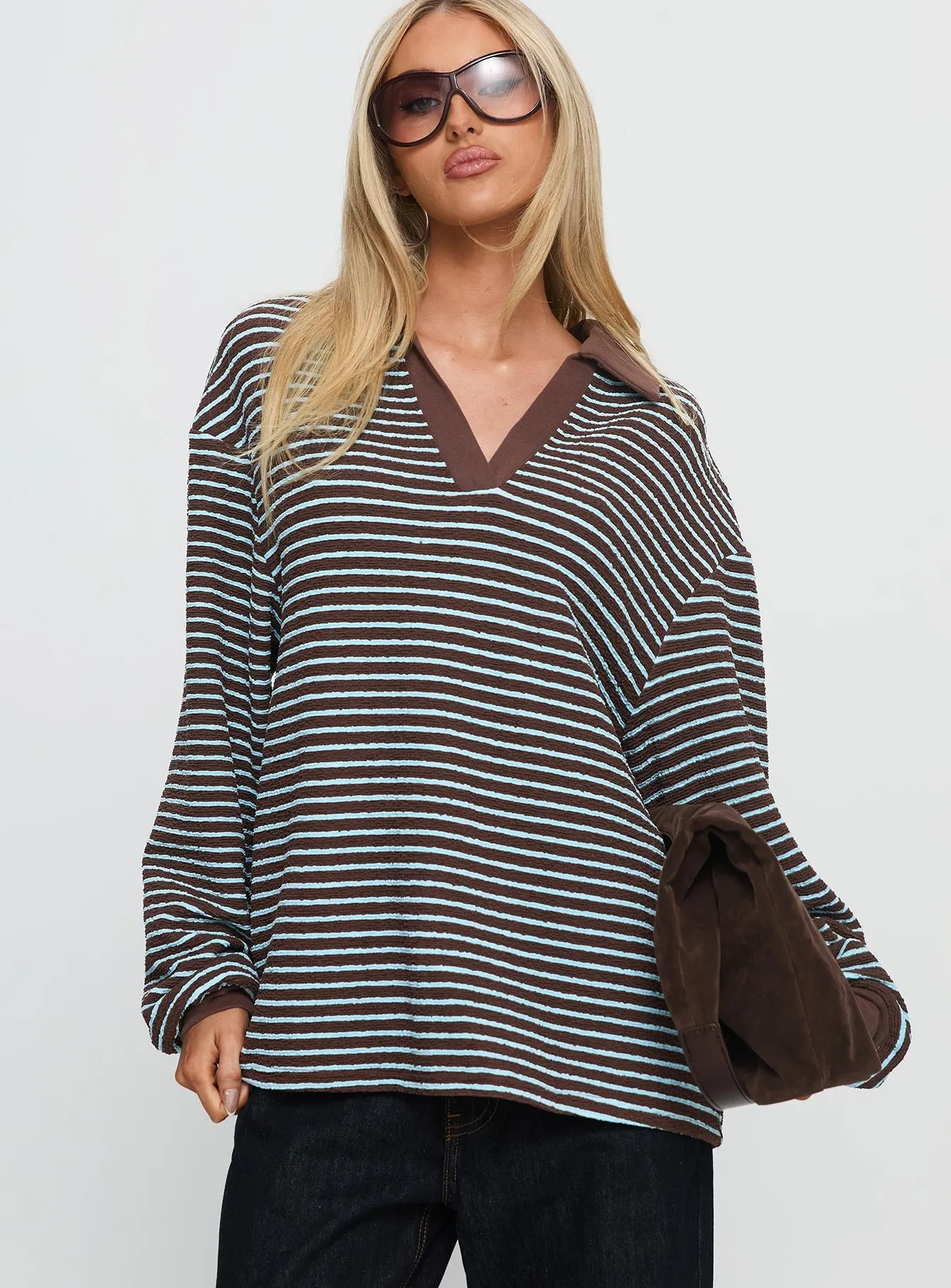Rigbys Collared Jumper Brown / Blue Stripe sold by Princess Polly product image thumbnail 2