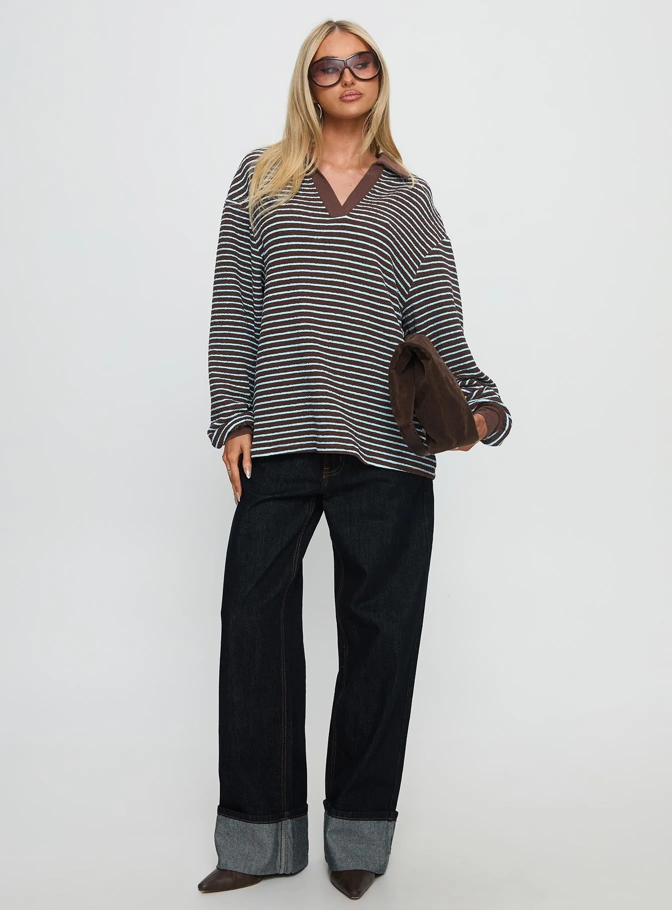 Rigbys Collared Jumper Brown / Blue Stripe sold by Princess Polly product image thumbnail 3