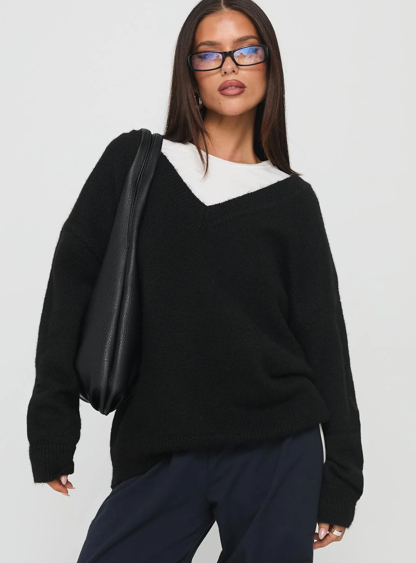 Stay The Night V Neck Knit Sweater Black sold by Princess Polly product image thumbnail 2
