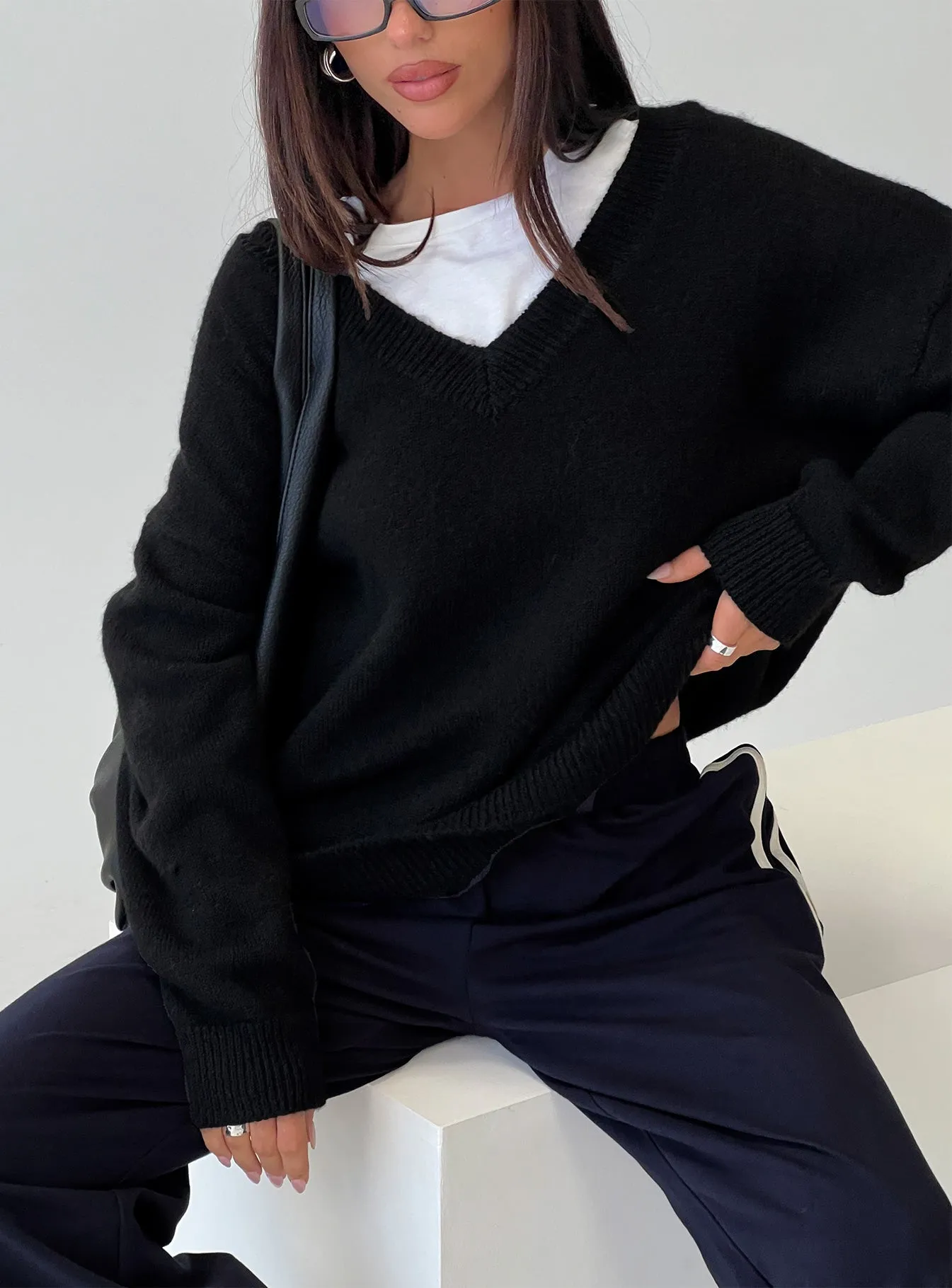 Stay The Night V Neck Knit Sweater Black sold by Princess Polly