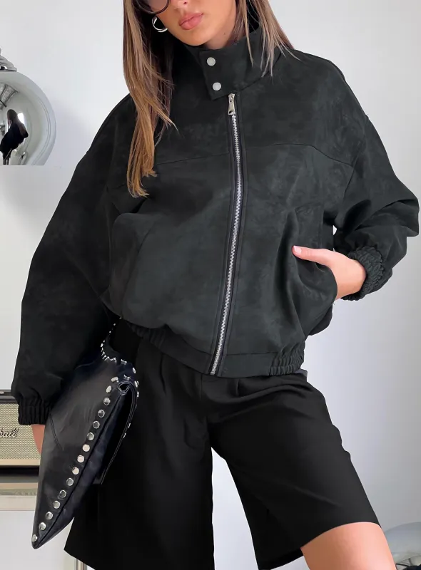 Ellissa Faux Suede Bomber Jacket Black sold by Princess Polly