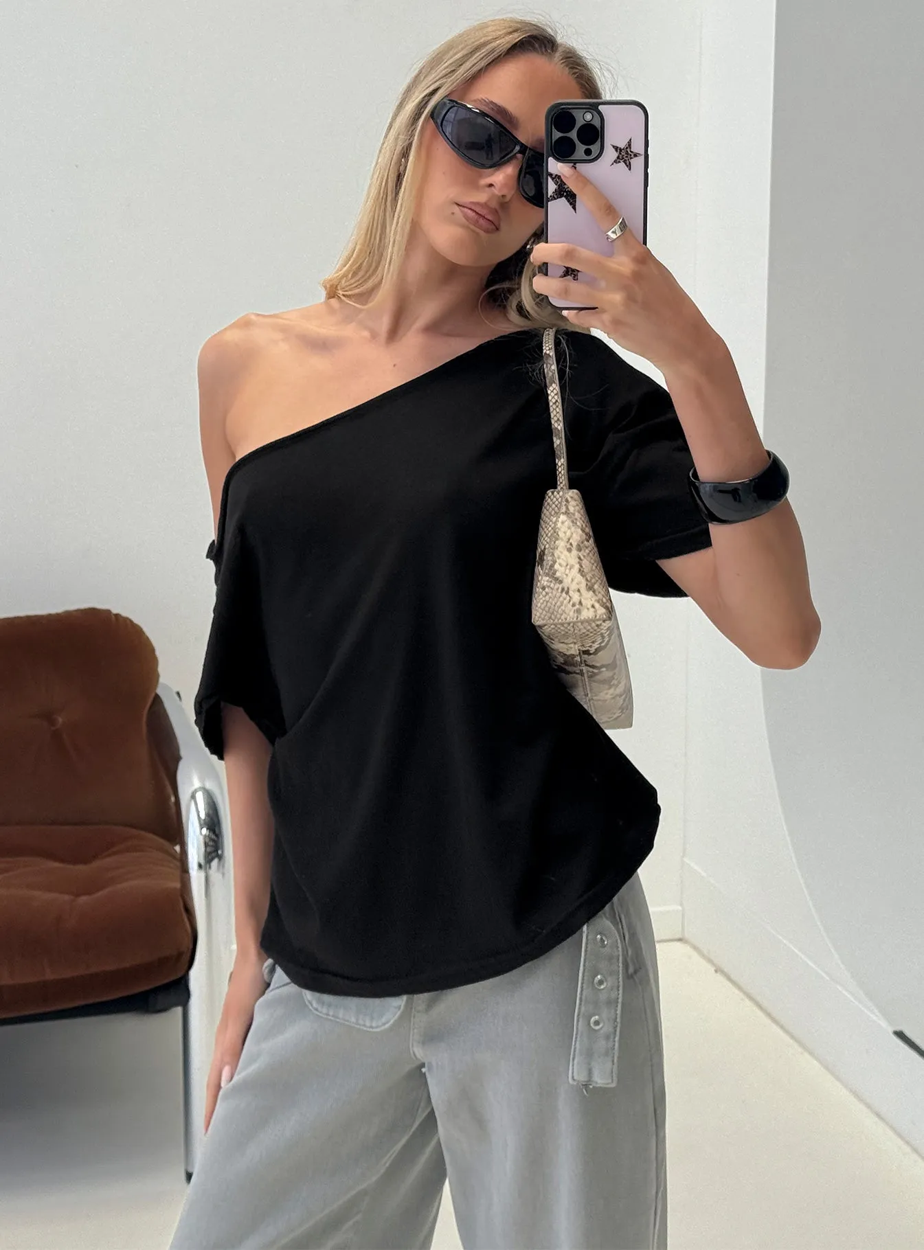 Winny Off Shoulder Tee Black sold by Princess Polly