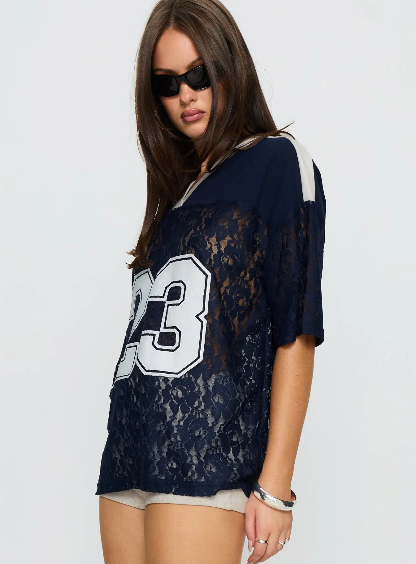 Lucky 23 Lace Jersey Graphic Top Navy sold by Princess Polly product image thumbnail 4