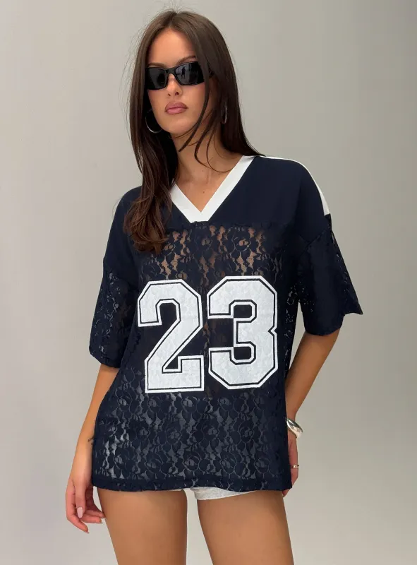 Lucky 23 Lace Jersey Graphic Top Navy sold by Princess Polly