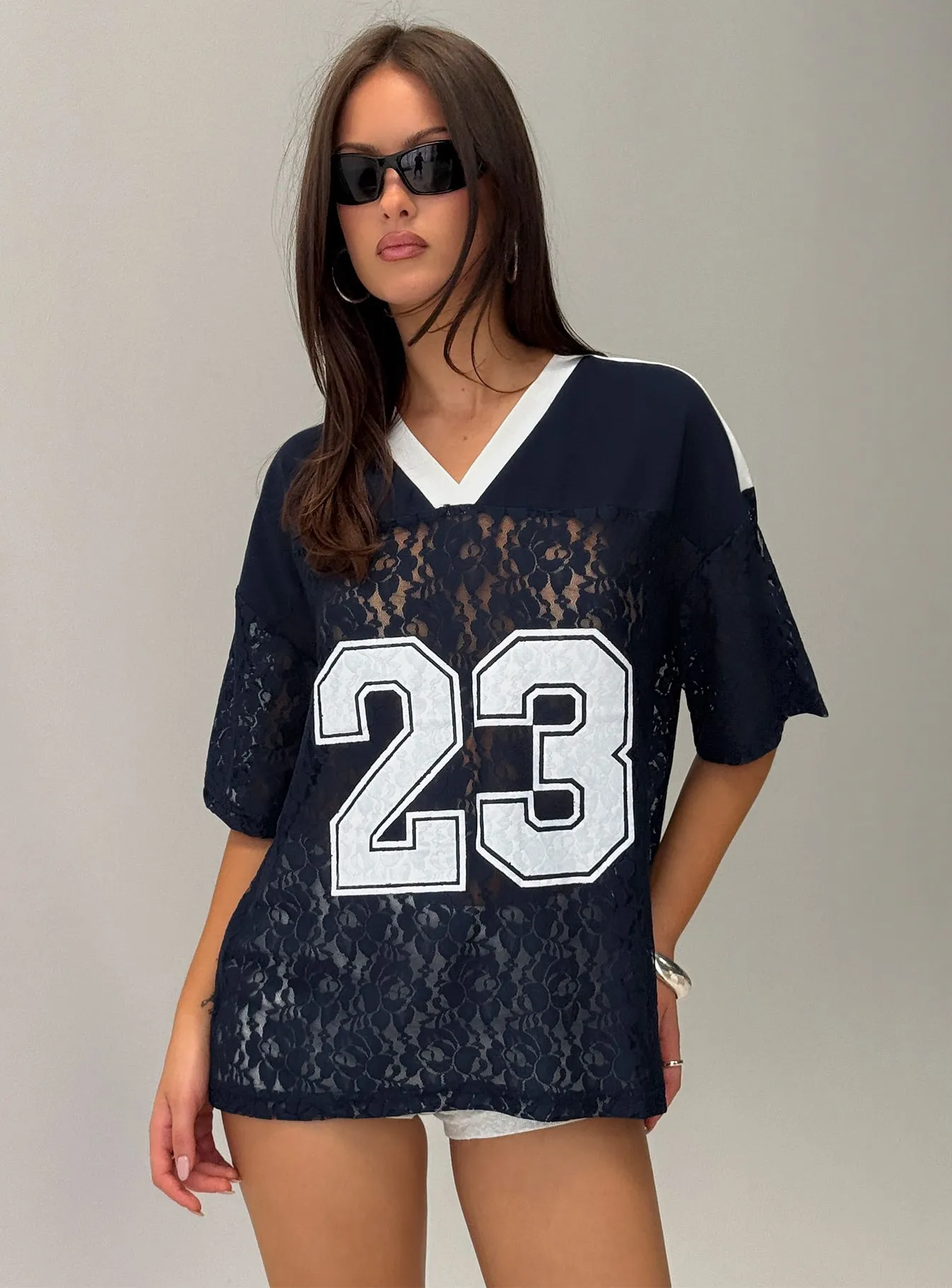 Lucky 23 Lace Jersey Graphic Top Navy sold by Princess Polly