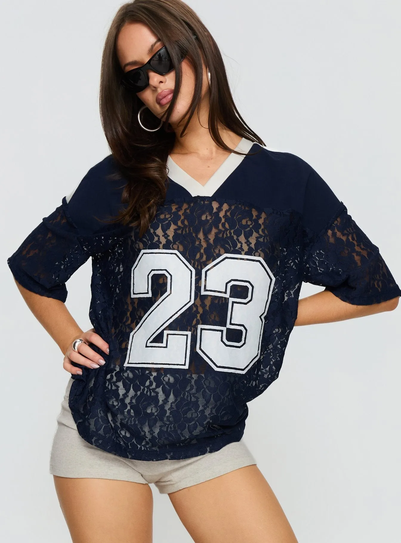 Lucky 23 Lace Jersey Graphic Top Navy sold by Princess Polly product image thumbnail 2