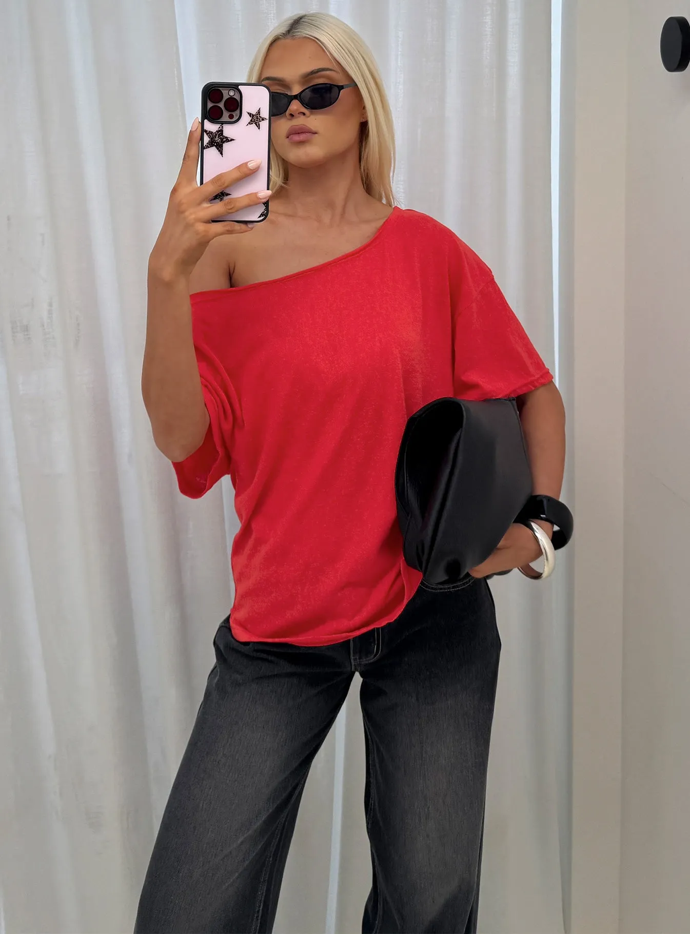 Winny Off Shoulder Tee Red sold by Princess Polly