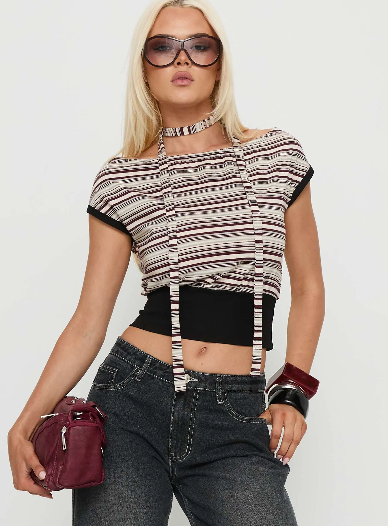 Amantha Scarf Detail Off Shoulder Top Stripe sold by Princess Polly product image thumbnail 2
