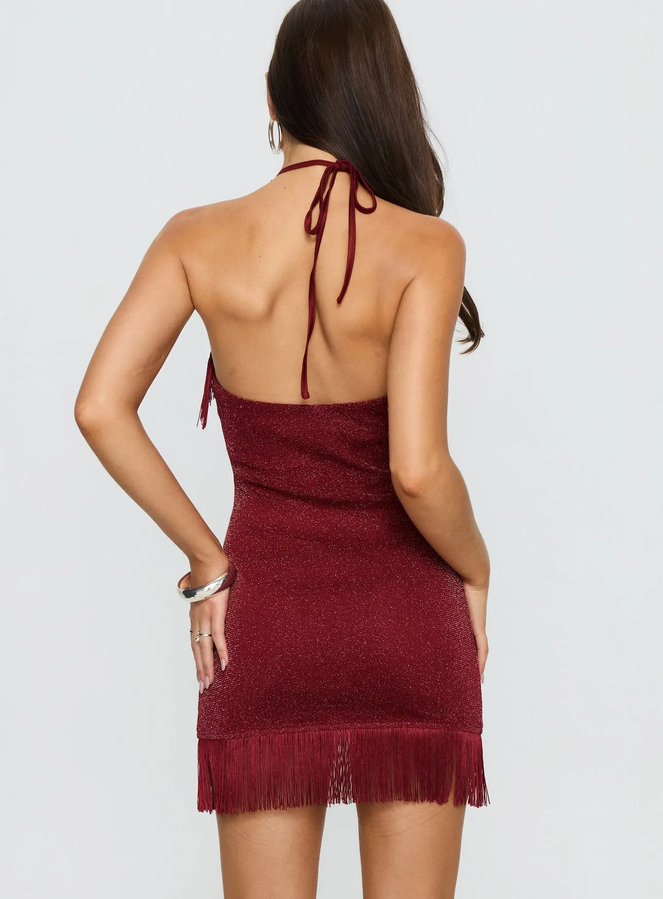 Isabelita Halter Fringe Mini Dress Burgundy sold by Princess Polly product image thumbnail 5