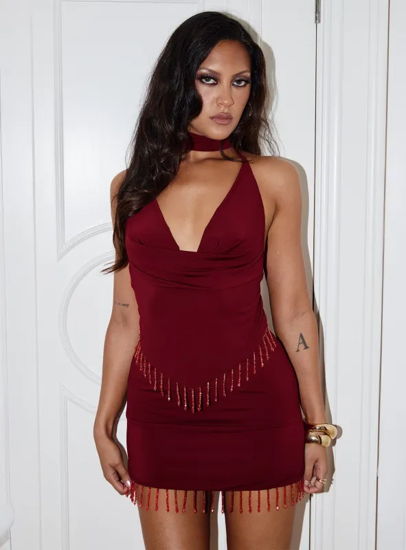 Ginah Bead Tassel Mini Skirt Red sold by Princess Polly