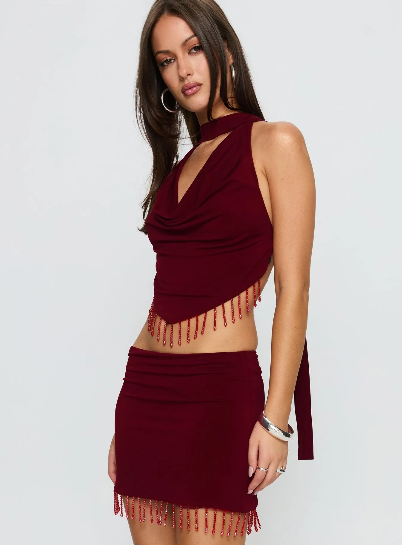 Ginah Bead Tassel Cowl Neck Top Red sold by Princess Polly product image thumbnail 4