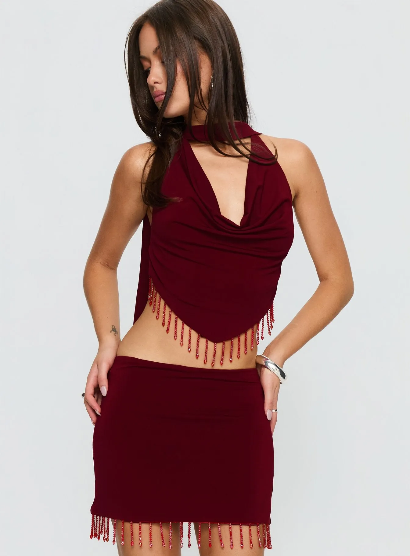 Ginah Bead Tassel Cowl Neck Top Red sold by Princess Polly product image thumbnail 2