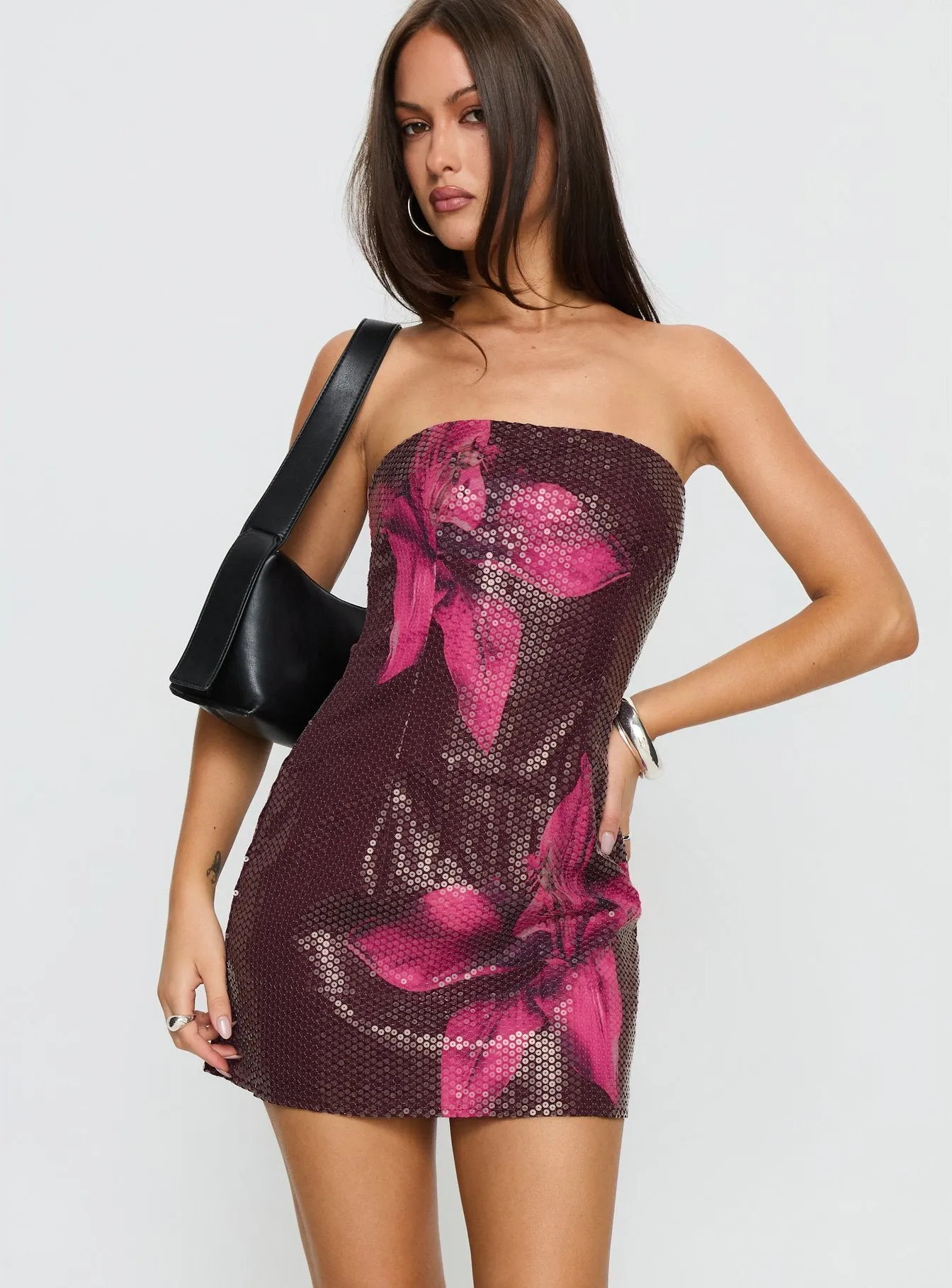 Desiri Strapless Sequin Mini Dress Brown / Pink Floral sold by Princess Polly product image thumbnail 2