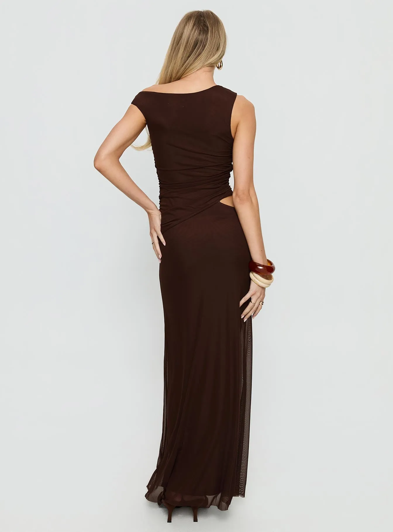 Krystyna Off Shoulder Ruched Maxi Dress Chocolate sold by Princess Polly product image thumbnail 4