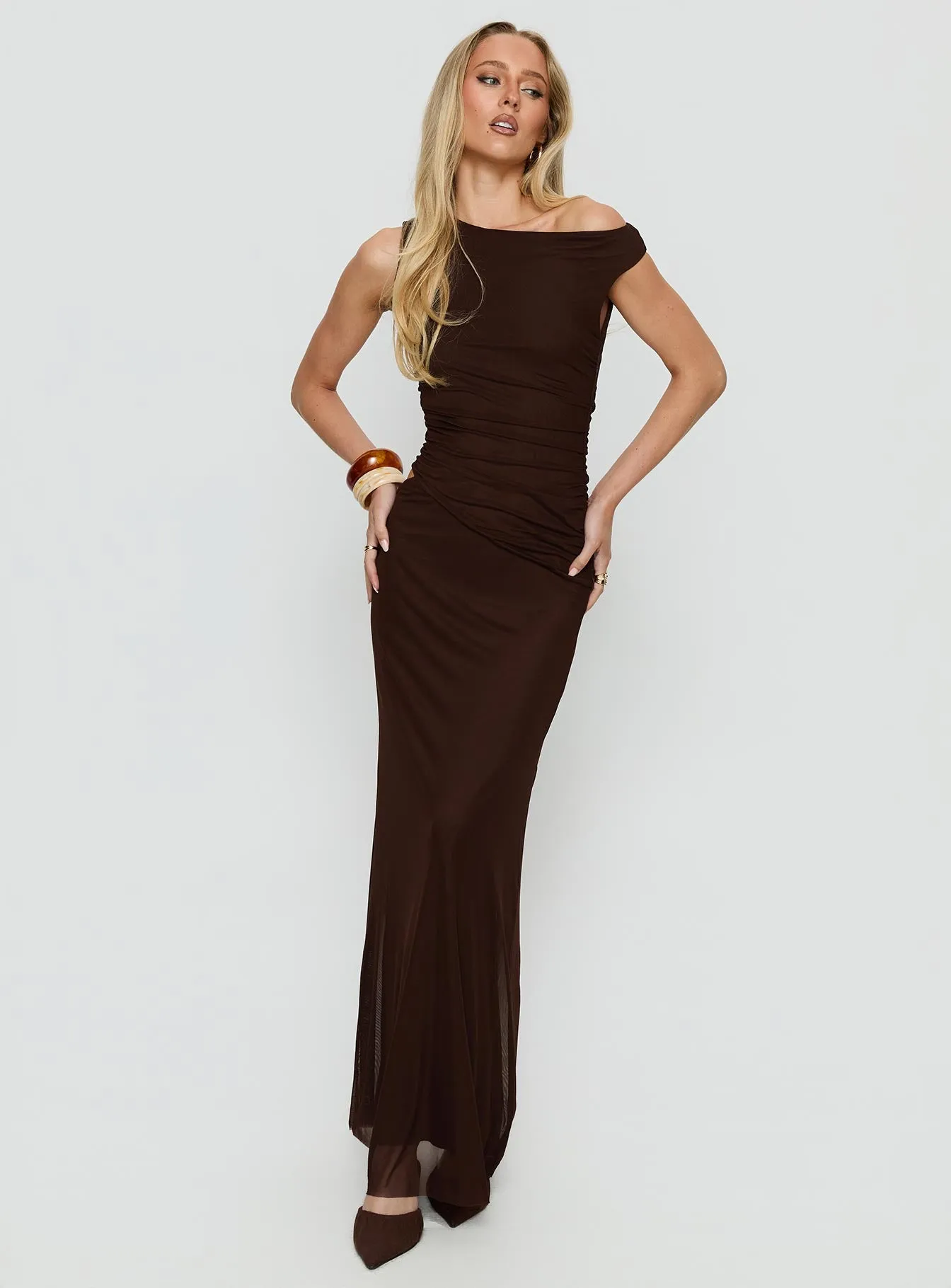 Krystyna Off Shoulder Ruched Maxi Dress Chocolate sold by Princess Polly