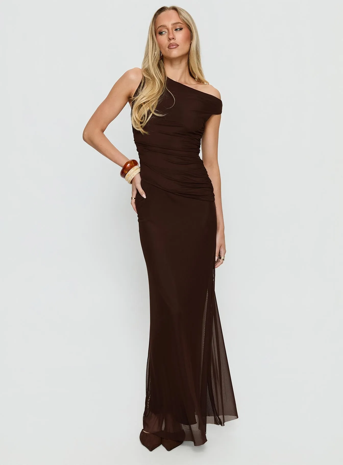 Krystyna Off Shoulder Ruched Maxi Dress Chocolate sold by Princess Polly product image thumbnail 2