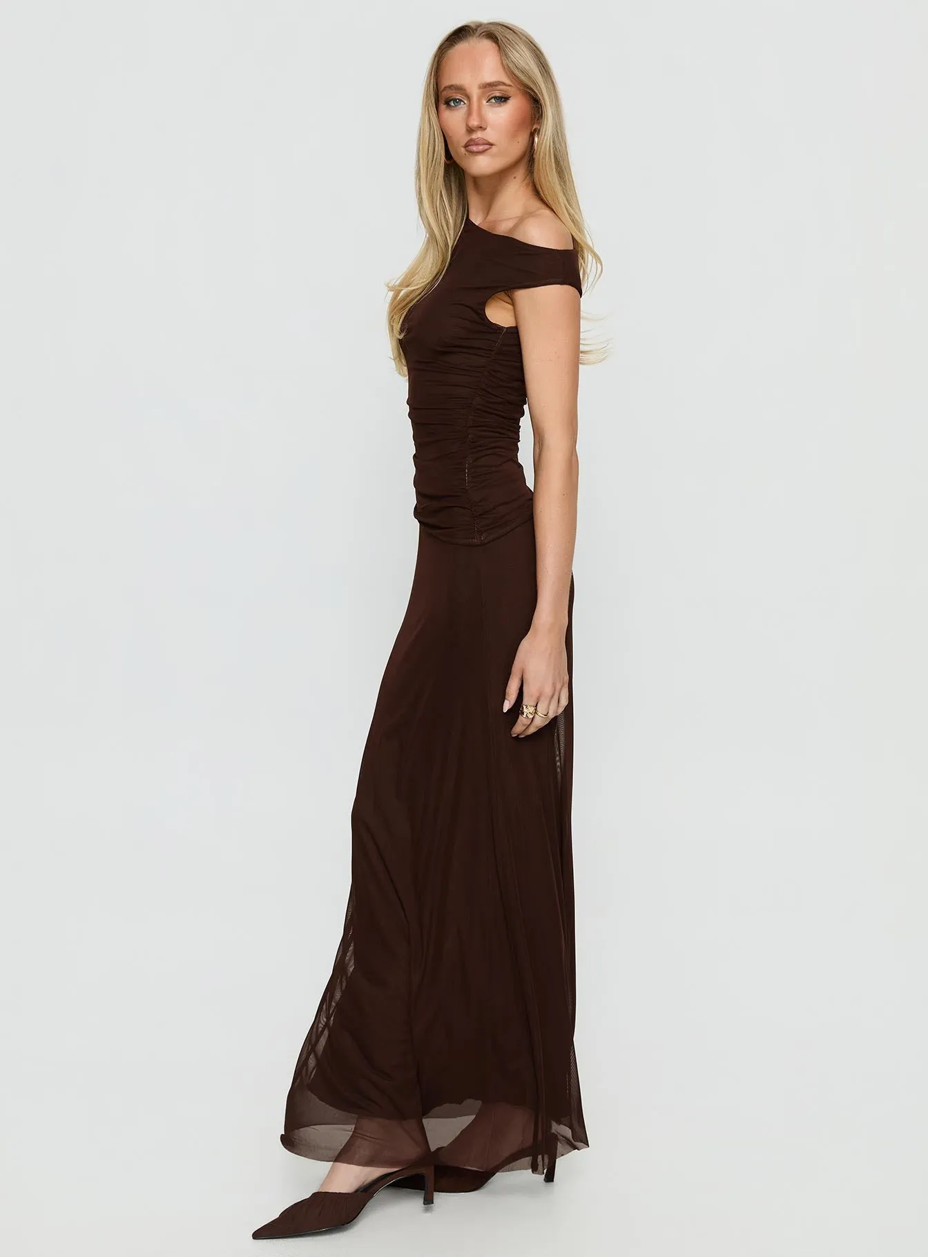 Krystyna Off Shoulder Ruched Maxi Dress Chocolate sold by Princess Polly product image thumbnail 3