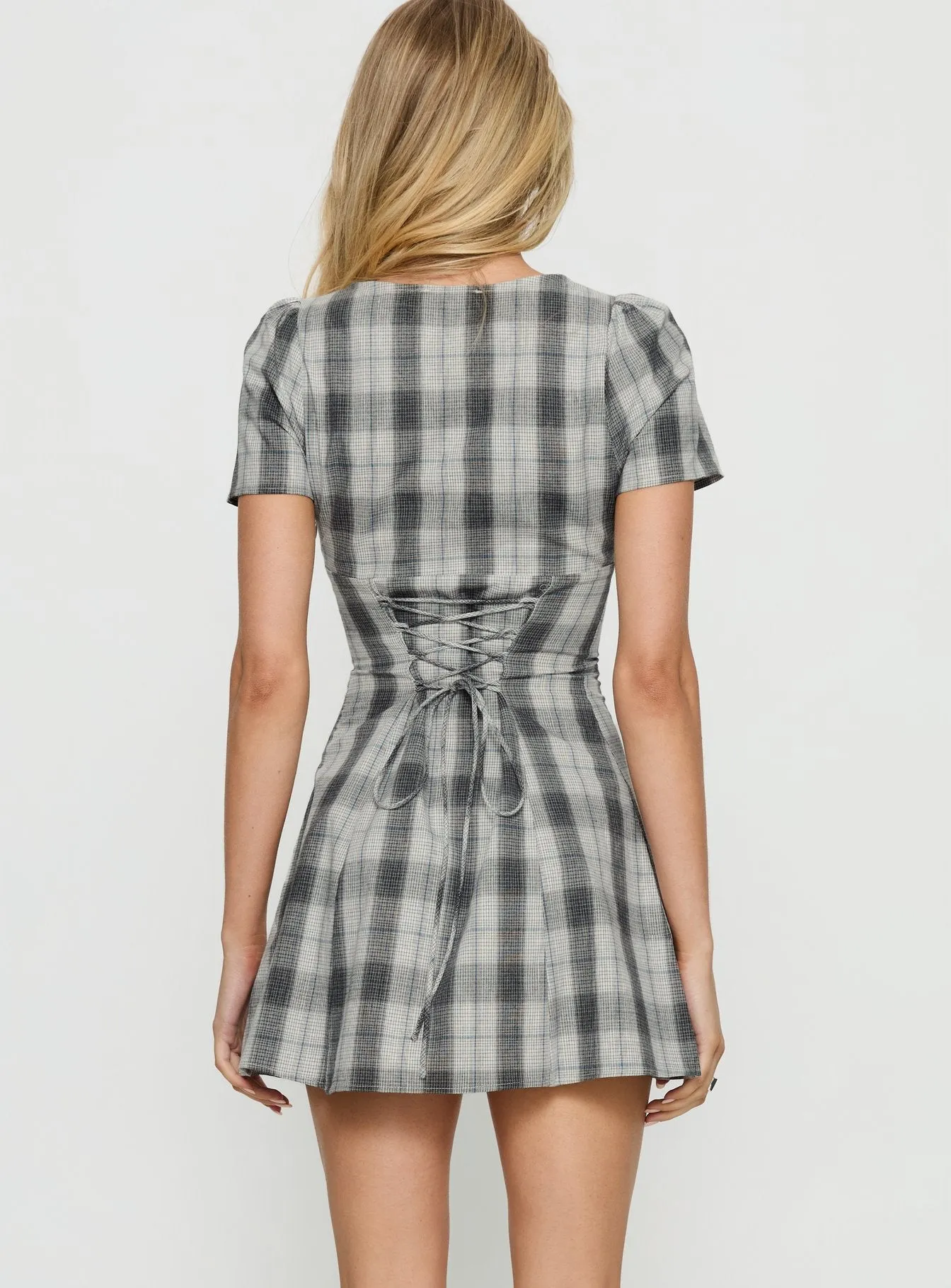 Twist Of Fate V Neck Mini Dress Navy Plaid sold by Princess Polly product image thumbnail 4