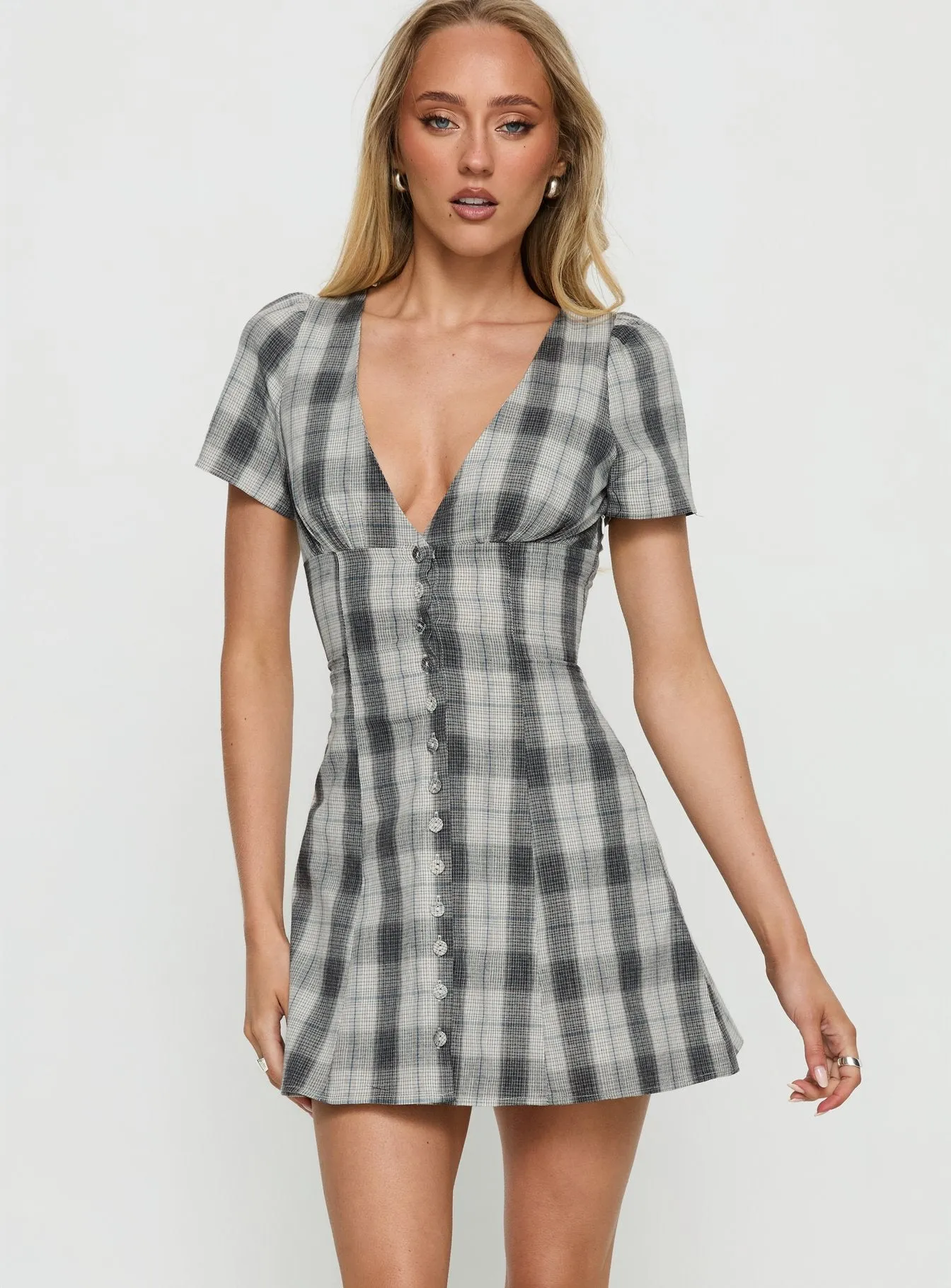 Twist Of Fate V Neck Mini Dress Navy Plaid sold by Princess Polly