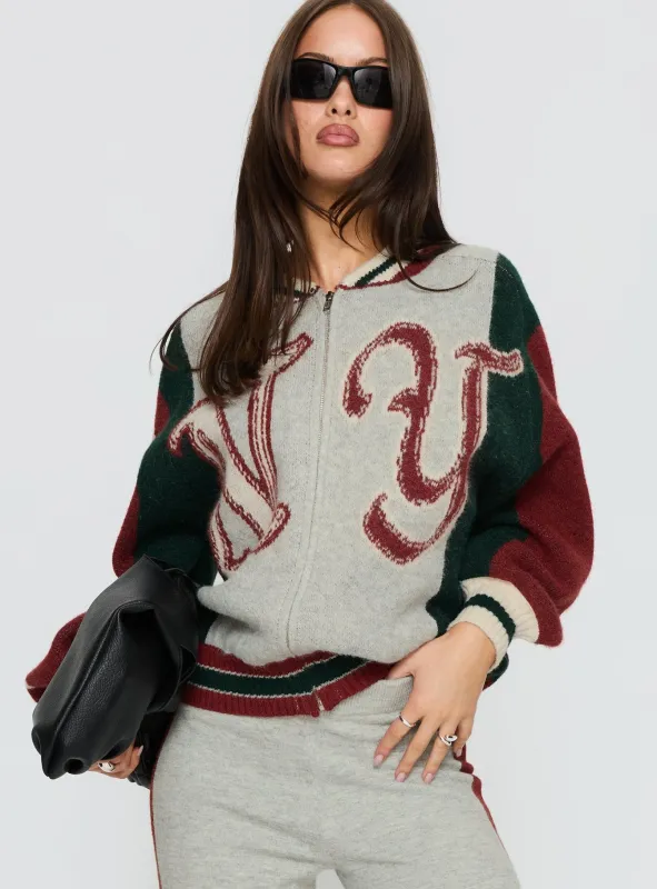 Brandyce Graphic Knit Jacket Grey / Red sold by Princess Polly