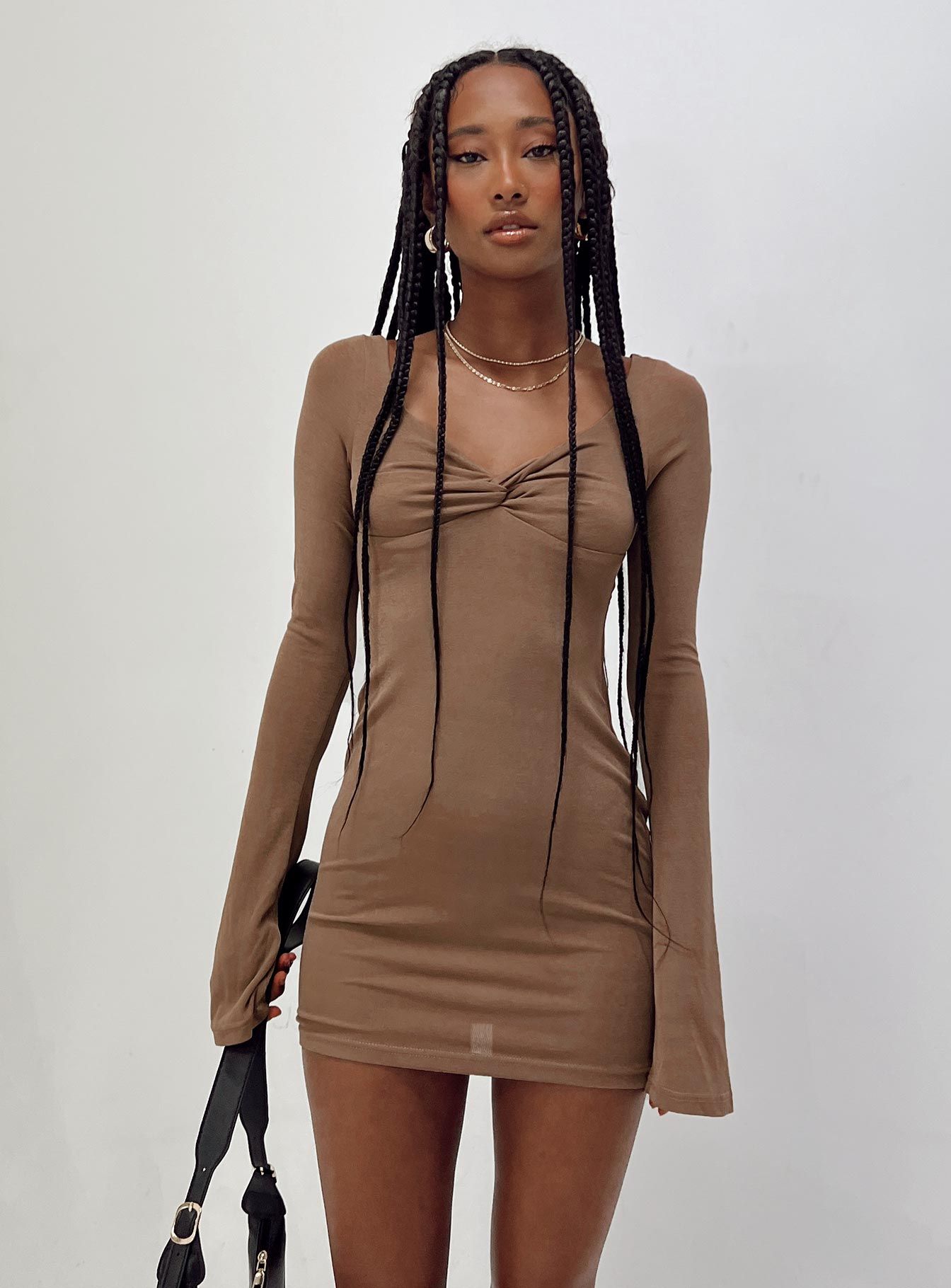 Wesley Long Sleeve Mini Dress Brown sold by Princess Polly