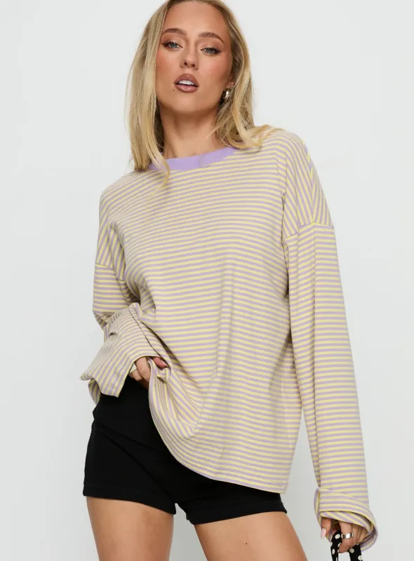 Settle Down Long Sleeve Top Lilac / Lemon Stripe sold by Princess Polly