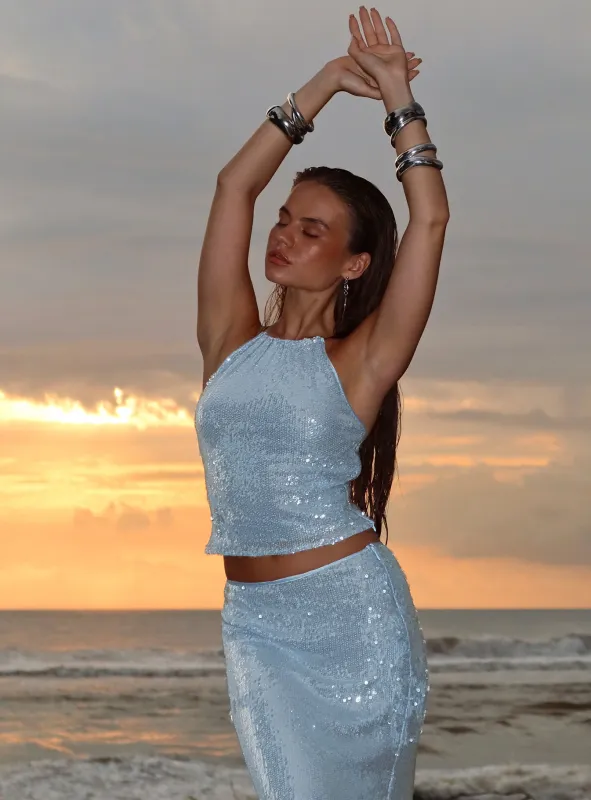 Emalia Halter Sheer Sequin Top Blue sold by Princess Polly