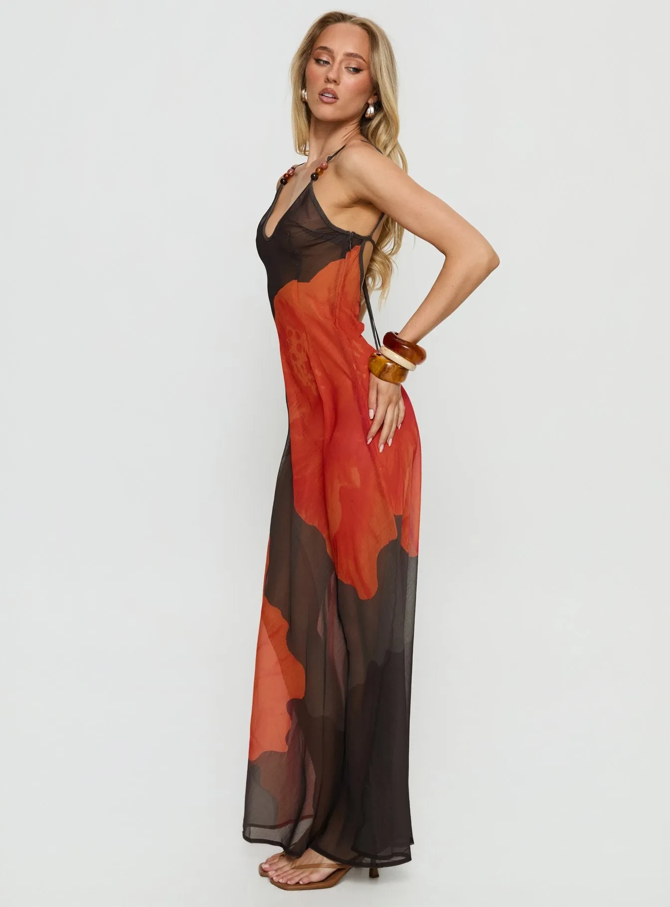 Carita Sheer Chiffon Maxi Dress Brown / Orange Floral sold by Princess Polly product image thumbnail 4