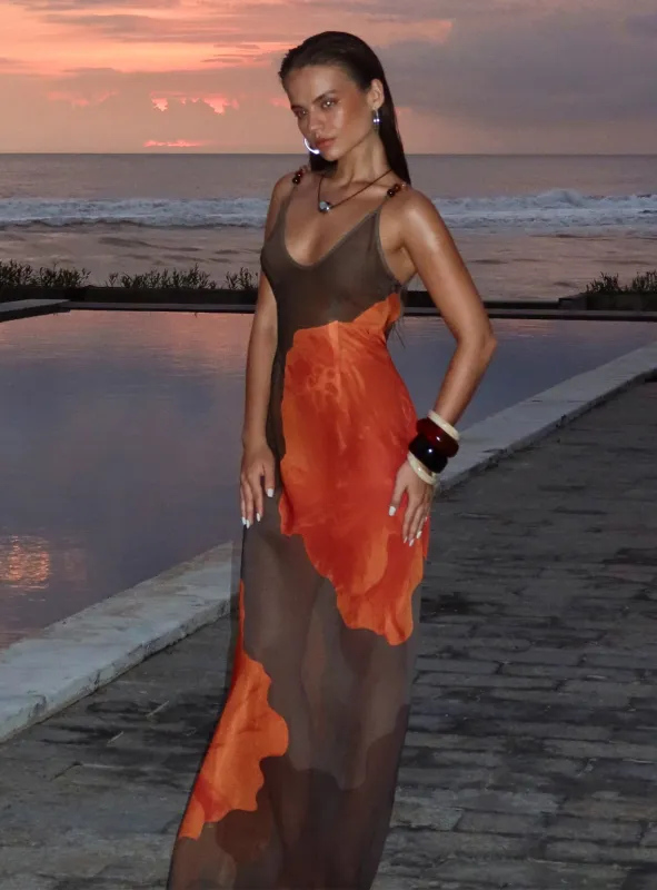 Carita Sheer Chiffon Maxi Dress Brown / Orange Floral sold by Princess Polly
