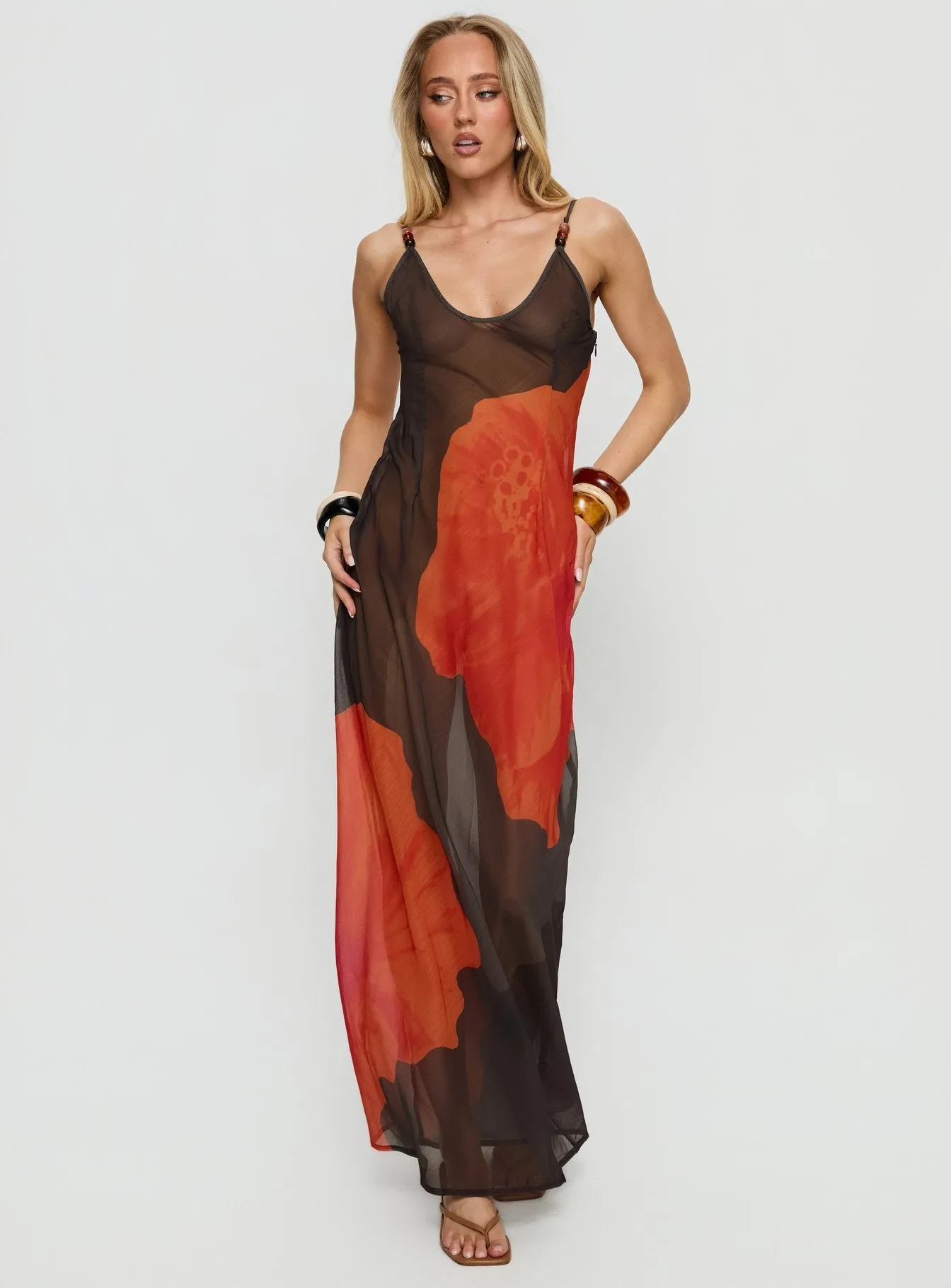 Carita Sheer Chiffon Maxi Dress Brown / Orange Floral sold by Princess Polly product image thumbnail 2