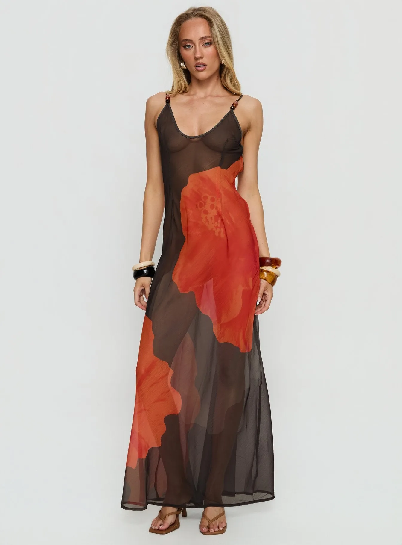 Carita Sheer Chiffon Maxi Dress Brown / Orange Floral sold by Princess Polly product image thumbnail 3