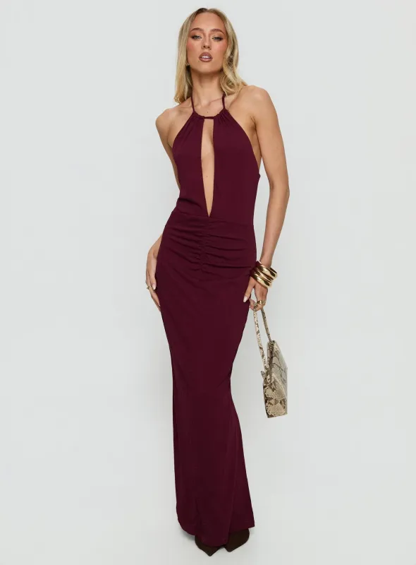 Lyssa Halter Plunge Maxi Dress Plum sold by Princess Polly