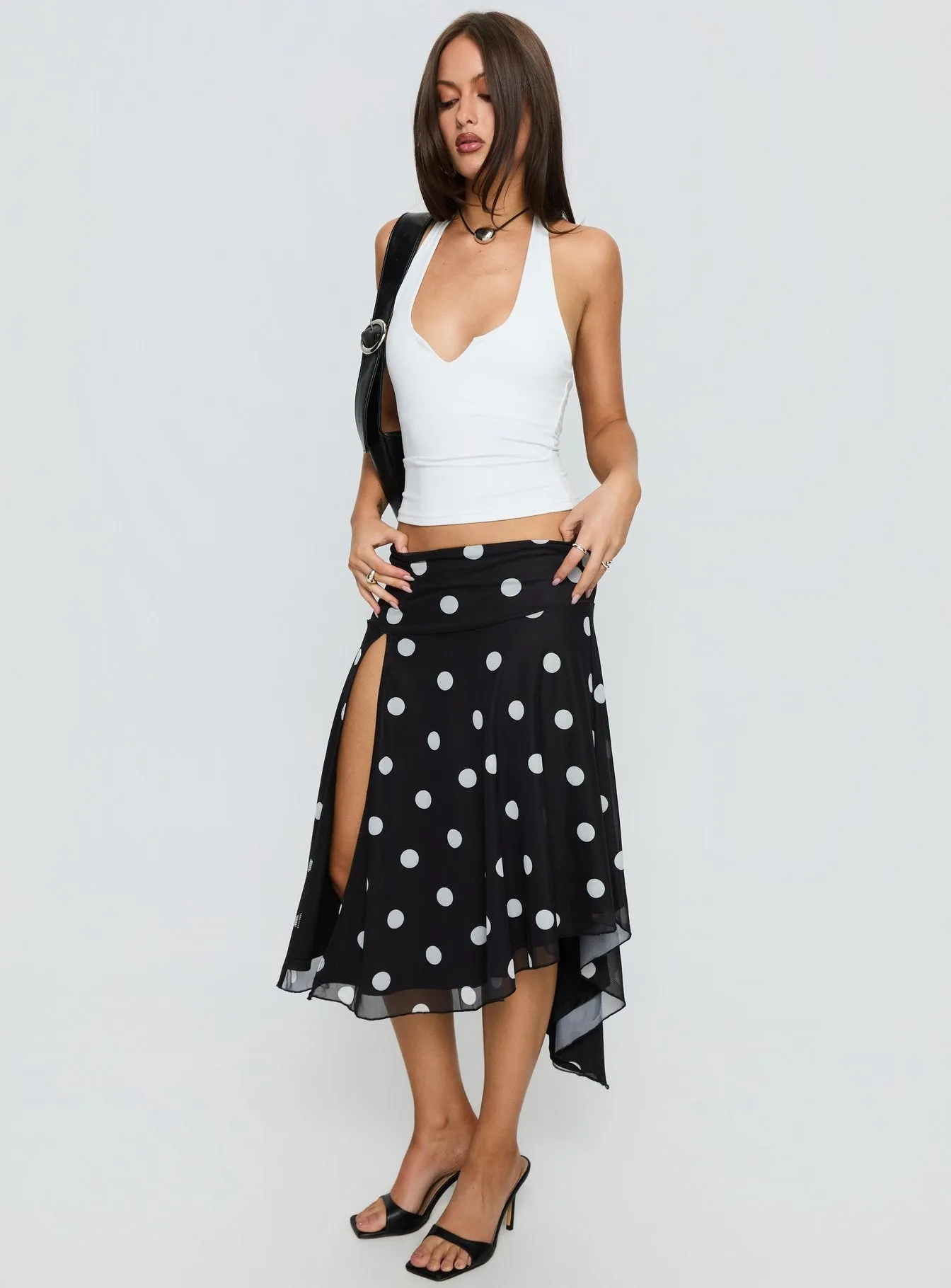 Dulciana High Split Asymmetrical Midi Skirt Black / Polka Dot sold by Princess Polly product image thumbnail 4
