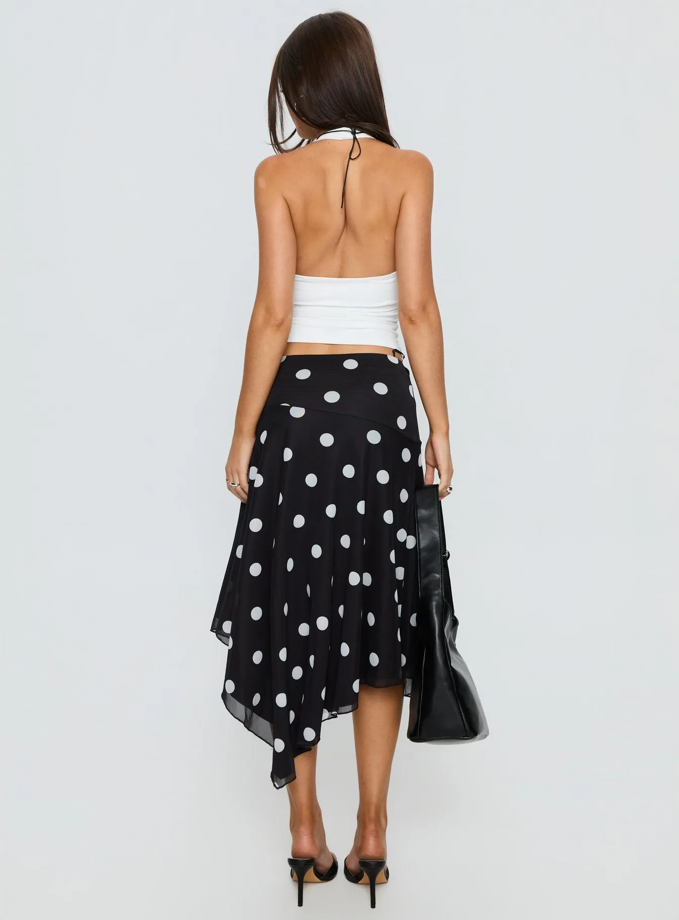 Dulciana High Split Asymmetrical Midi Skirt Black / Polka Dot sold by Princess Polly product image thumbnail 5
