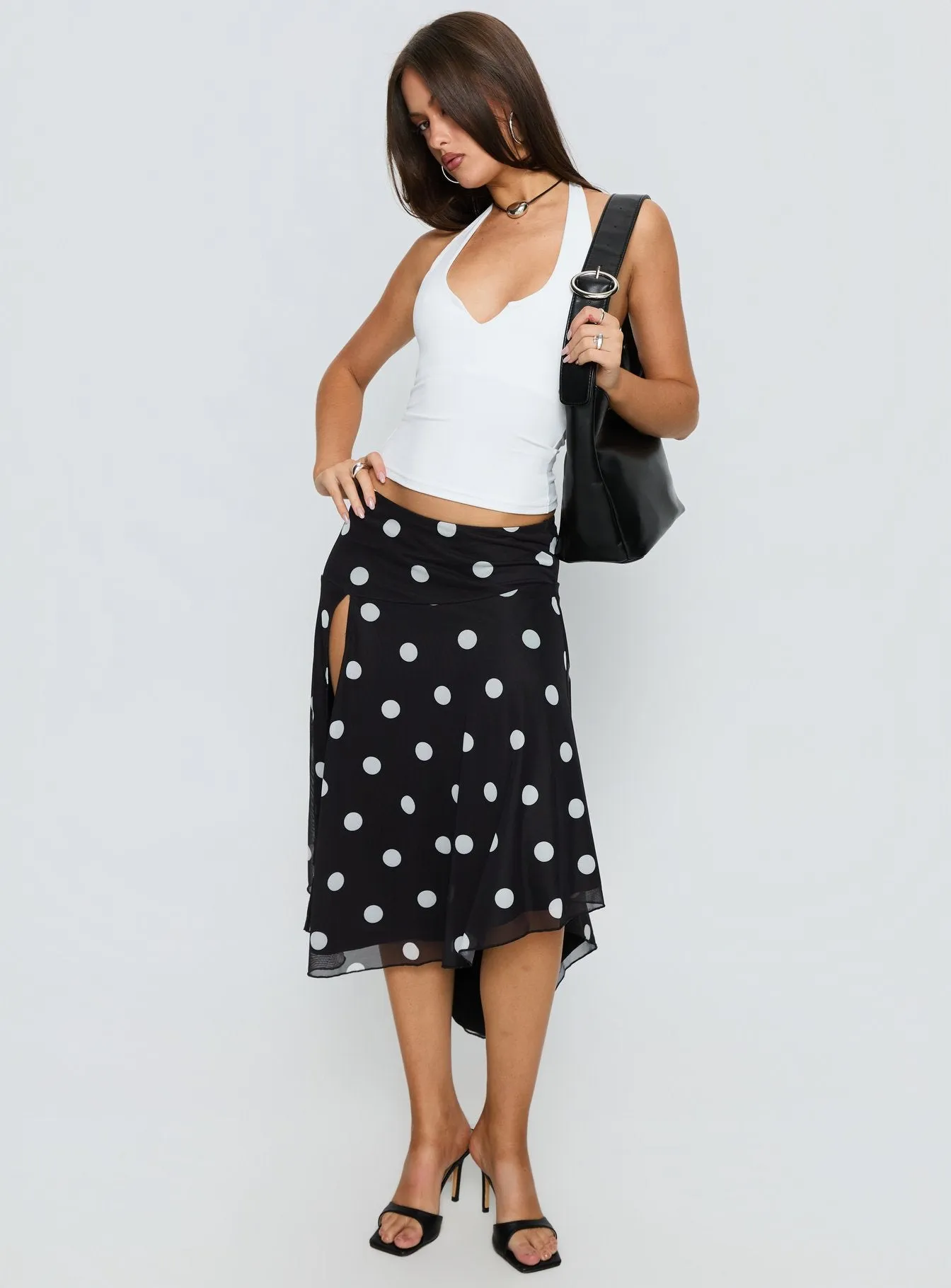 Dulciana High Split Asymmetrical Midi Skirt Black / Polka Dot sold by Princess Polly product image thumbnail 2